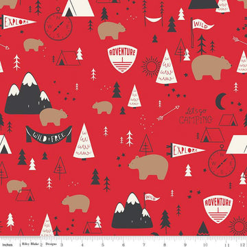 Fat Quarter End of Bolt - SALE FLANNEL Adventure Main F13900 Red Riley Blake - Camping Outdoors Trees Tents Bears Compasses - FLANNEL Cotton