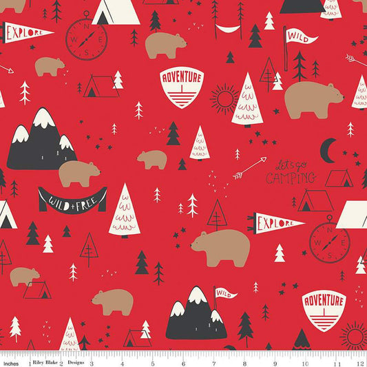 Fat Quarter End of Bolt - SALE FLANNEL Adventure Main F13900 Red Riley Blake - Camping Outdoors Trees Tents Bears Compasses - FLANNEL Cotton