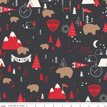 SALE FLANNEL Adventure Main F13900 Charcoal - Riley Blake Designs - Camping Outdoors Trees Tents Bears Compasses - FLANNEL Cotton Fabric