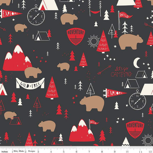 SALE FLANNEL Adventure Main F13900 Charcoal - Riley Blake Designs - Camping Outdoors Trees Tents Bears Compasses - FLANNEL Cotton Fabric