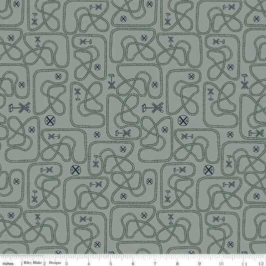 SALE Round the Mountain Table Tracks C13812 Dusk by Riley Blake Designs - Trains Railroad Signs Tracks - Quilting Cotton Fabric