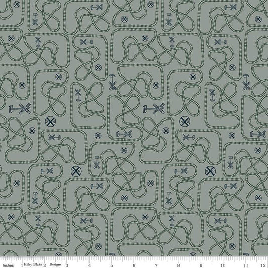 19" End of Bolt - SALE Round the Mountain Table Tracks C13812 Dusk by Riley Blake - Trains Railroad Signs Tracks - Quilting Cotton Fabric