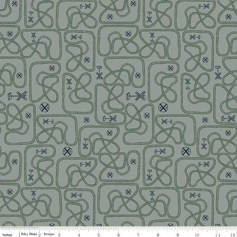 SALE 'Round the Mountain Table Tracks C13812 Dusk by Riley Blake Designs - Trains Railroad Signs Tracks - Quilting Cotton Fabric