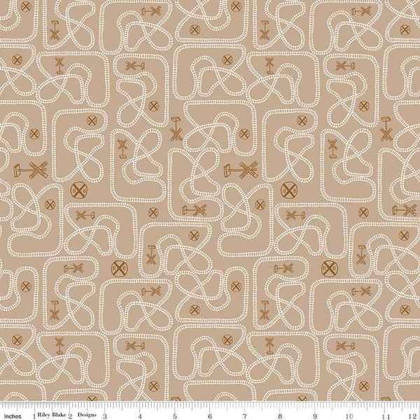 Round the Mountain Table Tracks C13812 Tan by Riley Blake Designs - Trains Railroad Signs Tracks - Quilting Cotton Fabric