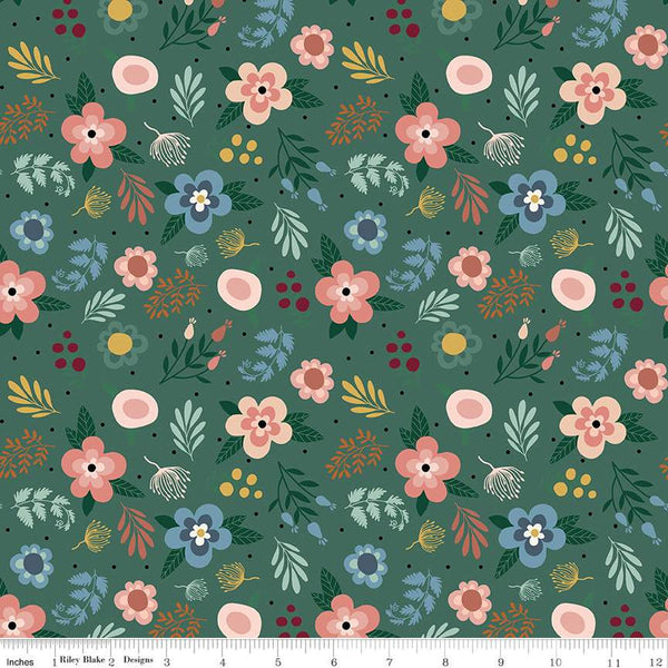 Let's Create Main C13690 Hunter by Riley Blake Designs - Floral Flowers Leaves Dots - Quilting Cotton Fabric