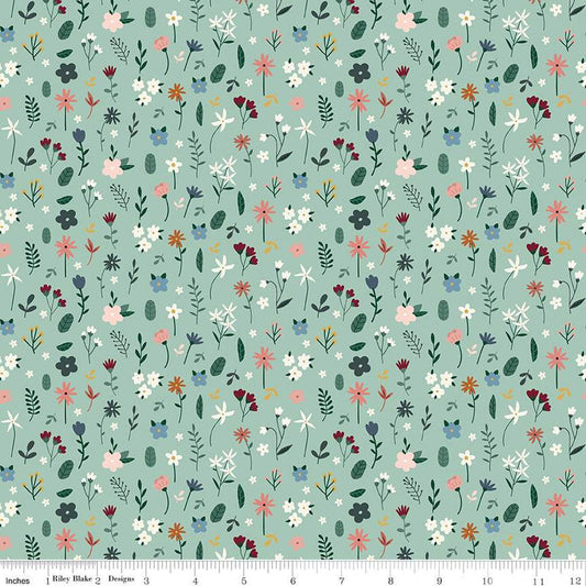 18" End of Bolt - Let's Create Stems C13692 Mint by Riley Blake Designs - Floral Flowers Leaves - Quilting Cotton Fabric