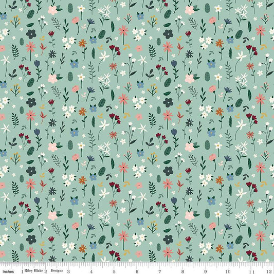 27" End of Bolt - Let's Create Stems C13692 Mint by Riley Blake Designs - Floral Flowers Leaves - Quilting Cotton Fabric
