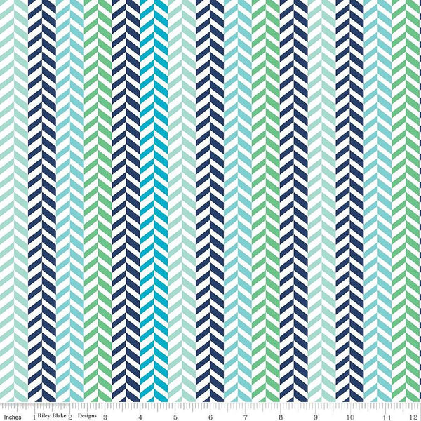 CLEARANCE Effervescence Herringbone C13730 Blue/Multi by Riley Blake Designs - On White - Quilting Cotton Fabric