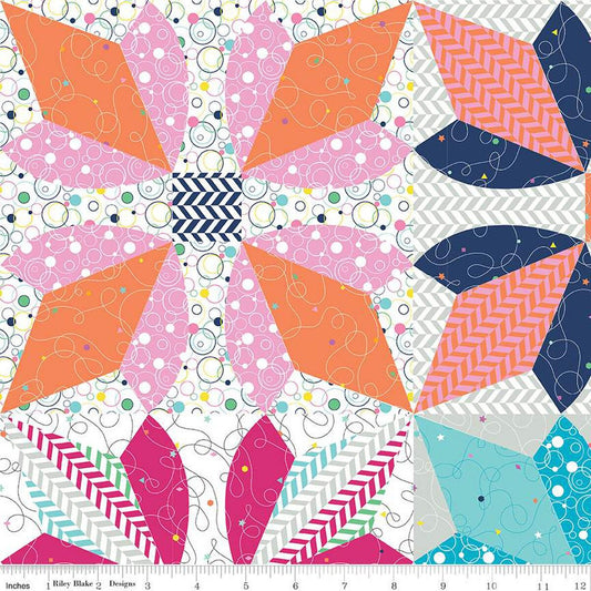 SALE Effervescence Four Buds Cheater Print CH13733 - Riley Blake Designs - PRINTED Pieced Floral Blocks on White - Quilting Cotton Fabric