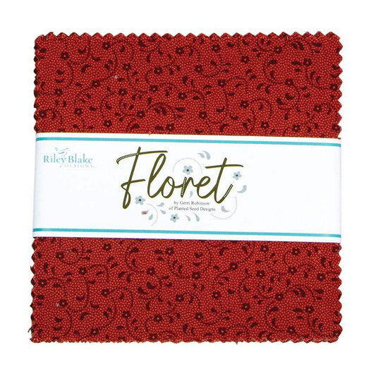 Floret Red Charm Pack 5" Stacker Bundle - Riley Blake Designs - 42-Piece Precut  - Floral Flowers - Quilting Cotton Fabric