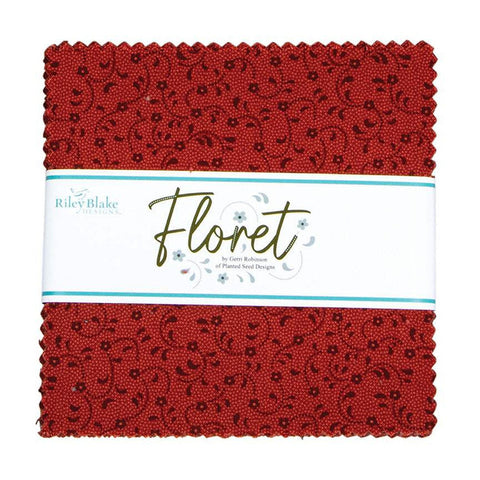 SALE Floret Red Charm Pack 5" Stacker Bundle - Riley Blake Designs - 42 piece Precut Pre cut - Floral Flowers - Quilting Cotton Fabric