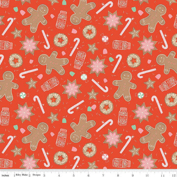 SALE FLANNEL Gingerbread Cookies F13910 Red - Riley Blake Designs - Christmas Gingerbread Men Sprinkles Candy Canes - FLANNEL Cotton Fabric
