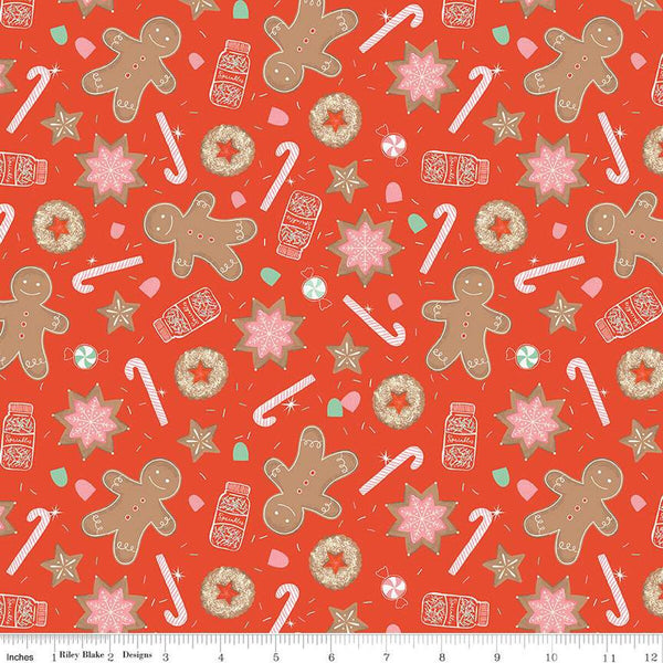 SALE FLANNEL Gingerbread Cookies F13910 Red - Riley Blake Designs - Christmas Gingerbread Men Sprinkles Candy Canes - FLANNEL Cotton Fabric