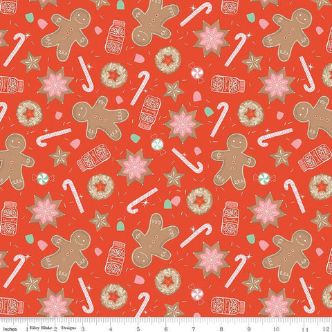 FLANNEL Gingerbread Cookies F13910 Red - Riley Blake Designs - Christmas Gingerbread Men Sprinkles Candy Canes - FLANNEL Cotton Fabric