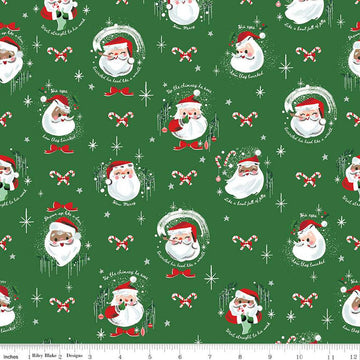 Fat Quarter End of Bolt - FLANNEL Jolly Old Elf F13909 Green - Riley Blake - Christmas Santa Claus Candy Canes- FLANNEL Cotton Fabric
