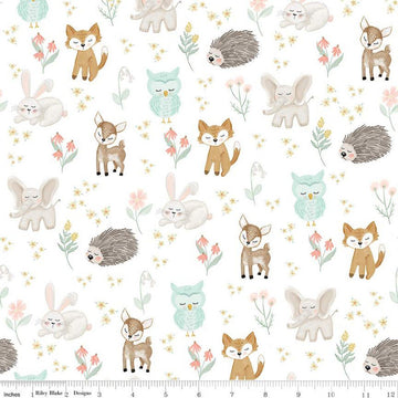 11" End of Bolt - FLANNEL It's a Girl Baby Animals F13905 White - Riley Blake - Elephants Owls Deer Foxes Rabbits - FLANNEL Cotton Fabric