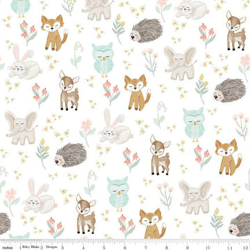 Fat Quarter End of Bolt - FLANNEL It's a Girl Baby Animals F13905 White - Riley Blake - Elephants Owls Deer Foxes - FLANNEL Cotton Fabric