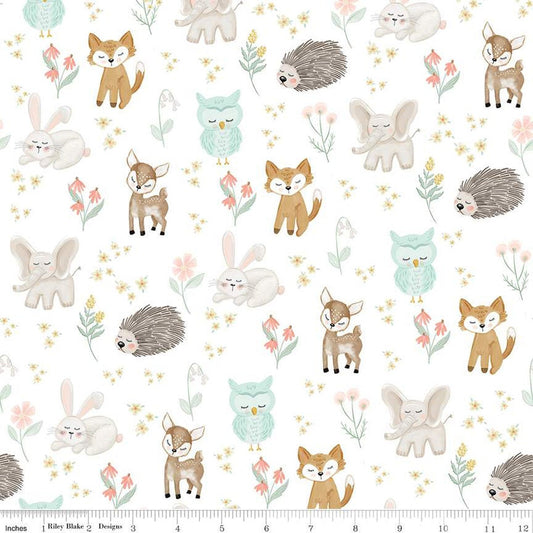 Fat Quarter End of Bolt - FLANNEL It's a Girl Baby Animals F13905 White - Riley Blake - Elephants Owls Deer Foxes - FLANNEL Cotton Fabric