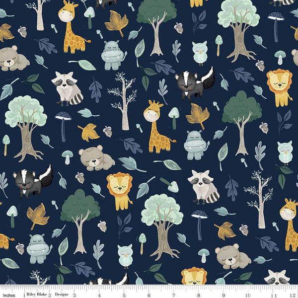 FLANNEL It's a Boy Baby Animals F13903 Navy - Riley Blake Designs - Lions Raccoons Giraffes Hippos Owls Bears - FLANNEL Cotton Fabric