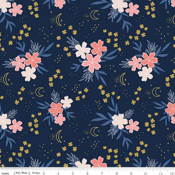 Moonchild Main SC13820 Midnight SPARKLE - Riley Blake Designs - Flowers Moons Stars Gold SPARKLE - Quilting Cotton Fabric