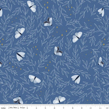 Fat Quarter End of Bolt - Moonchild Moths SC13821 Denim SPARKLE - Riley Blake Designs - Leaves Stars Gold SPARKLE - Quilting Cotton Fabric