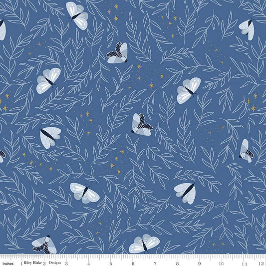 Fat Quarter End of Bolt - Moonchild Moths SC13821 Denim SPARKLE - Riley Blake Designs - Leaves Stars Gold SPARKLE - Quilting Cotton Fabric