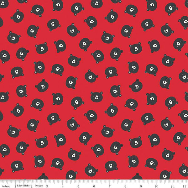 SALE FLANNEL Adventure Bear Heads F13901 Red - Riley Blake Designs - Bears - FLANNEL Cotton Fabric