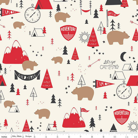 SALE FLANNEL Adventure Main F13900 Cream - Riley Blake Designs - Camping Outdoors Icons Trees Tents Bears Compasses - FLANNEL Cotton Fabric