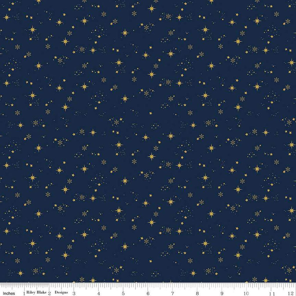 Moonchild Starfall SC13825 Midnight SPARKLE - Riley Blake Designs - Stars Pin Dots Gold SPARKLE - Quilting Cotton Fabric