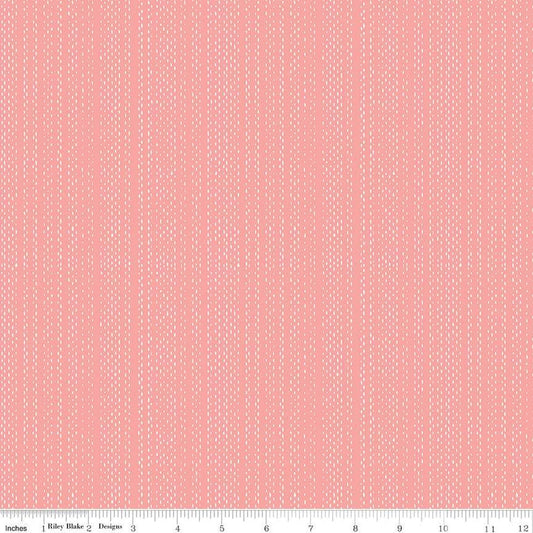 SALE Moonchild Signals C13826 Coral - Riley Blake Designs - White Dashed Stripes Stripe Striped - Quilting Cotton Fabric