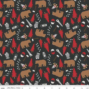 SALE Woodsman Main C13760 Black - Riley Blake Designs - Bears Raccoons Lanterns Campfires Trees Saws Axes Prints - Quilting Cotton Fabric
