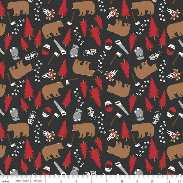 SALE Woodsman Main C13760 Black by Riley Blake Designs - Bears Raccoons Lanterns Campfires Trees Saws Axes Prints - Quilting Cotton Fabric