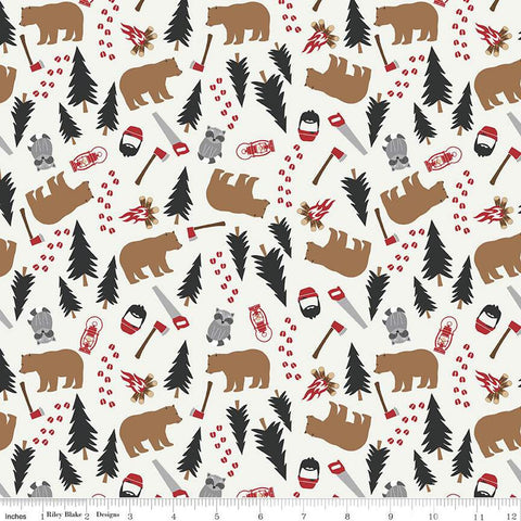 CLEARANCE Woodsman Main C13760 Cream by Riley Blake  - Bears Raccoons Lanterns Campfires Trees Saws Axes Prints - Quilting Cotton