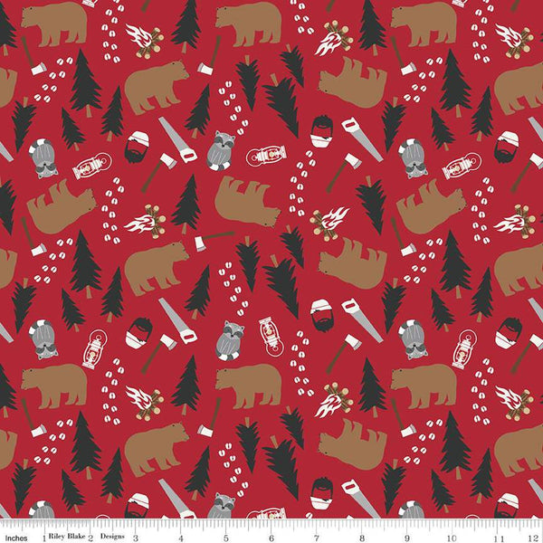 CLEARANCE Woodsman Main C13760 Red by Riley Blake  - Bears Raccoons Lanterns Campfires Trees Saws Axes Prints - Quilting Cotton