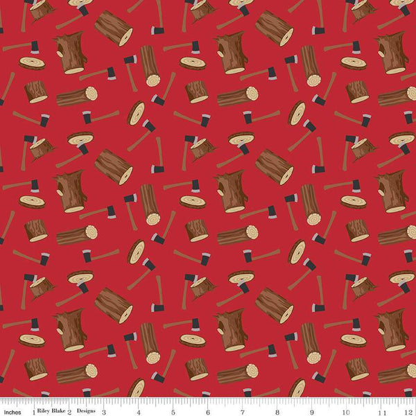 CLEARANCE Woodsman Wood Axe C13761 Red by Riley Blake Designs - Axes Logs - Quilting Cotton Fabric