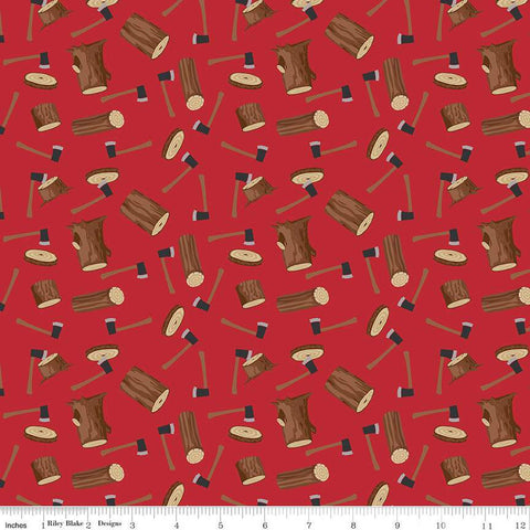 CLEARANCE Woodsman Wood Axe C13761 Red by Riley Blake Designs - Axes Logs - Quilting Cotton Fabric