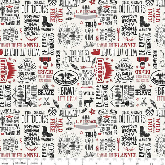 SALE Woodsman Text C13762 Cream - Riley Blake Designs - Outdoor Words Phrases Icons - Quilting Cotton Fabric