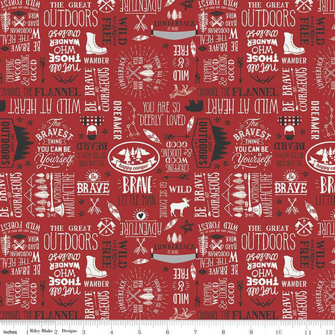 CLEARANCE Woodsman Text C13762 Red by Riley Blake  - Outdoor Words Phrases Icons - Quilting Cotton