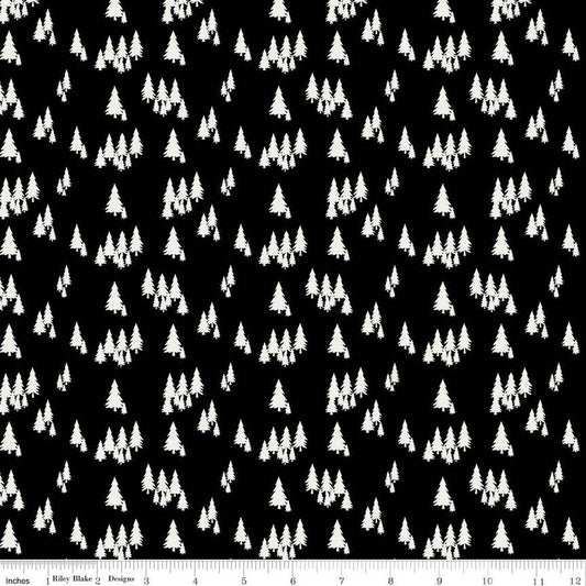 SALE Woodsman Trees C13763 Black - Riley Blake Designs - Cream Pine Pines on Black - Quilting Cotton Fabric