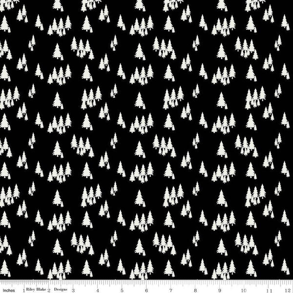 Woodsman Trees C13763 Black by Riley Blake Designs - Cream Pine Pines on Black - Quilting Cotton Fabric