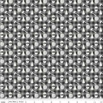 CLEARANCE Woodsman Lumberjack Plaid C13764 Black - Riley Blake Designs - Checks Axes Trees Lanterns - Quilting Cotton Fabric
