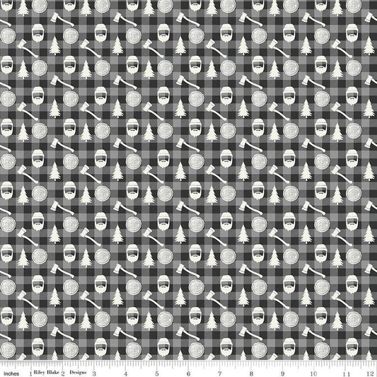 CLEARANCE Woodsman Lumberjack Plaid C13764 Black - Riley Blake Designs - Checks Axes Trees Lanterns - Quilting Cotton Fabric