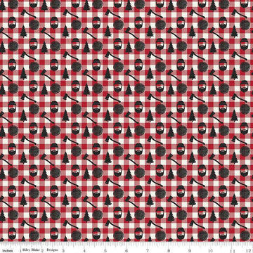 DEAL Woodsman Lumberjack Plaid C13764 Red - Riley Blake Designs - Red/Cream Checks Axes Trees Lanterns - Quilting Cotton Fabric
