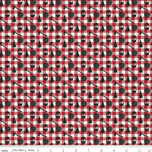 DEAL Woodsman Lumberjack Plaid C13764 Red - Riley Blake Designs - Red/Cream Checks Axes Trees Lanterns - Quilting Cotton Fabric