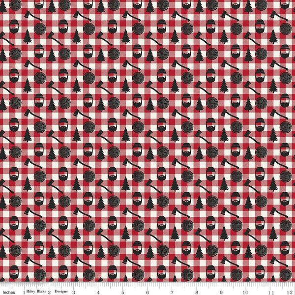 Woodsman Lumberjack Plaid C13764 Red - Riley Blake Designs - Red/Cream Checks Axes Trees Lanterns - Quilting Cotton Fabric