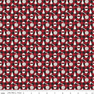 CLEARANCE Fat Quarter End of Bolt - Woodsman Lumberjack Plaid C13764 Red/Black - Riley Blake - Cream Axe Tree Check - Quilting Cotton Fabric