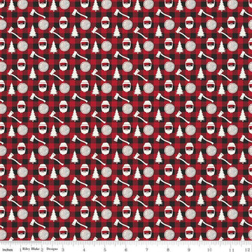 CLEARANCE 34" End of Bolt - Woodsman Lumberjack Plaid C13764 Red/Black - Riley Blake - Cream Axes Trees Checks - Quilting Cotton Fabric