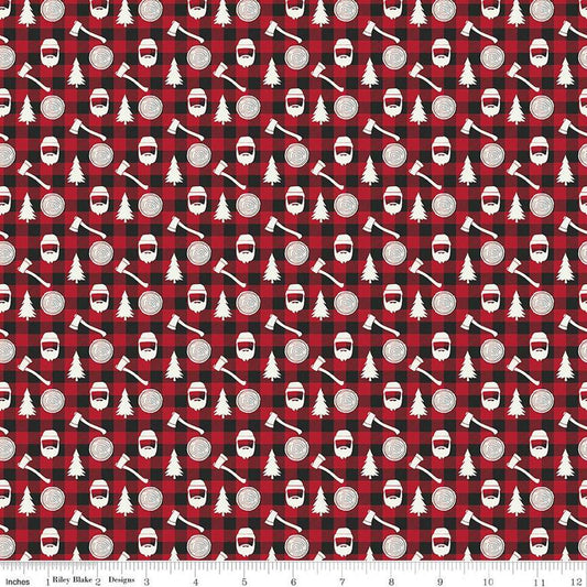 CLEARANCE 34" End of Bolt - Woodsman Lumberjack Plaid C13764 Red/Black - Riley Blake - Cream Axes Trees Checks - Quilting Cotton Fabric