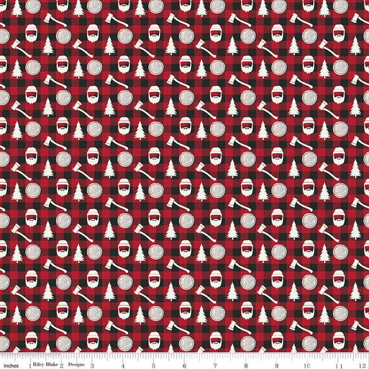 CLEARANCE 34" End of Bolt - Woodsman Lumberjack Plaid C13764 Red/Black - Riley Blake - Cream Axes Trees Checks - Quilting Cotton Fabric