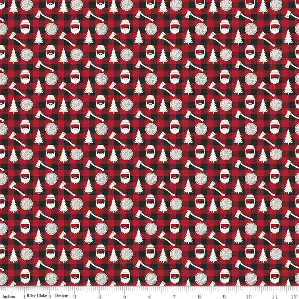 CLEARANCE Woodsman Lumberjack Plaid C13764 Red/Black by Riley Blake Designs - Cream Axes Trees Red Black Checks - Quilting Cotton Fabric